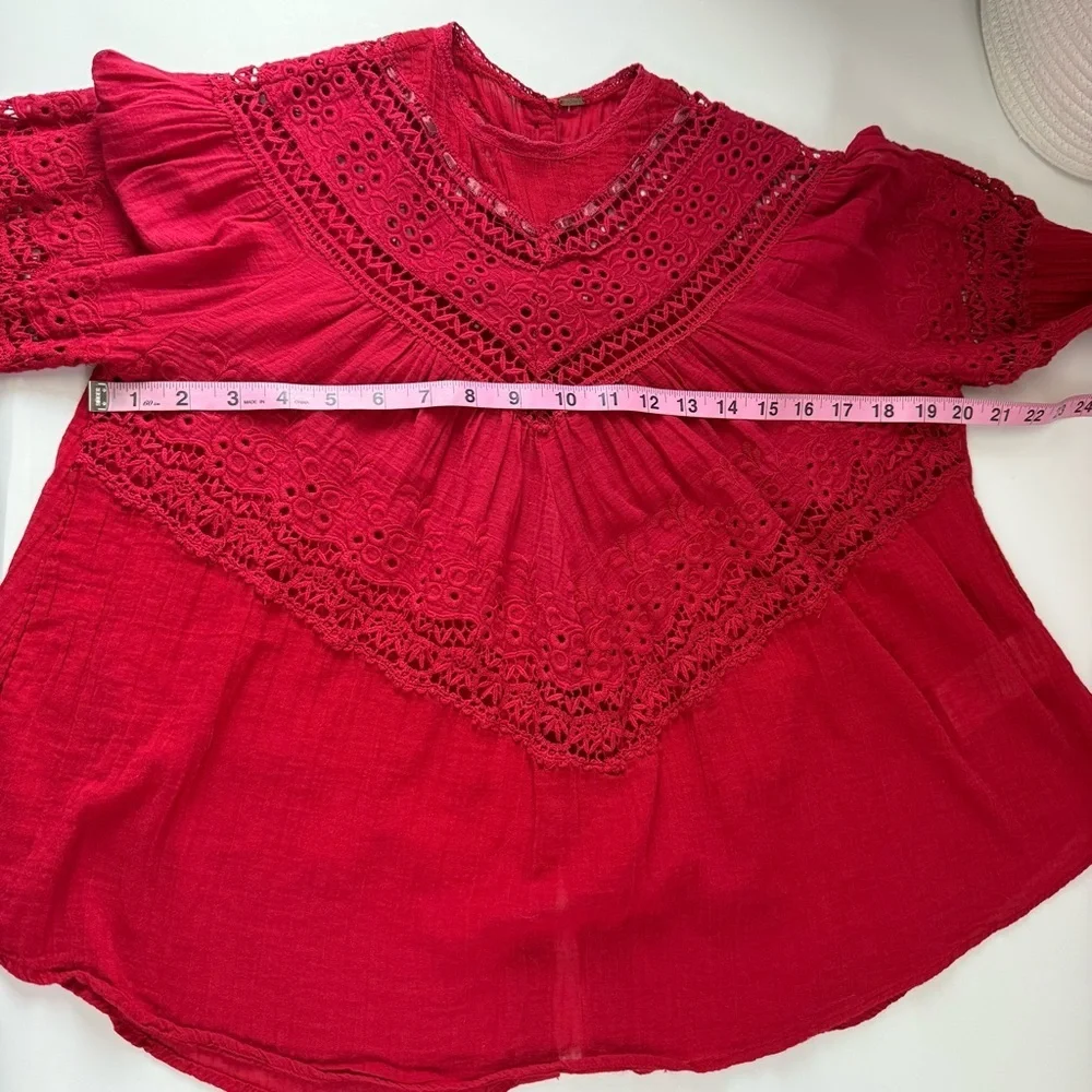 Free People Abigail Top Womens Size XS Red Eyelet Victorian Shirt Back Button